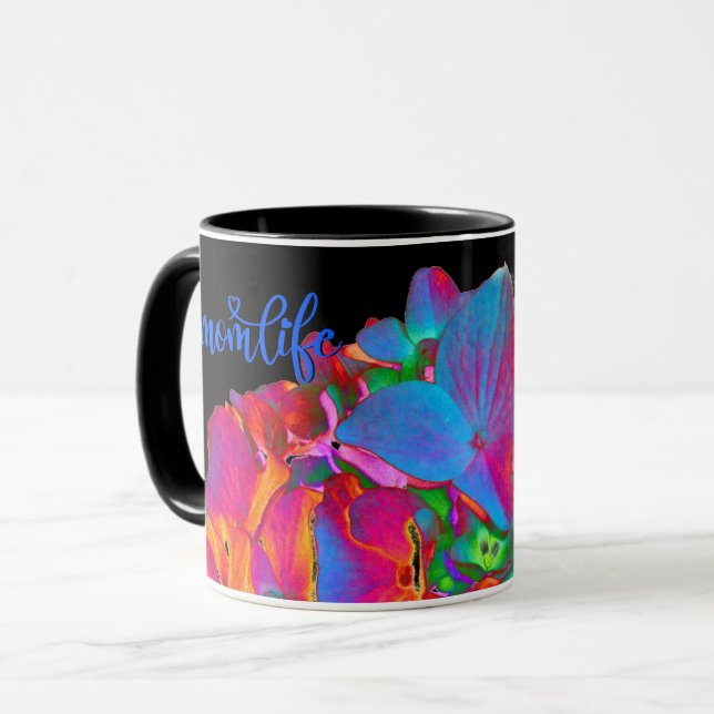 Red pink blue purple floral colourful floral mug (Front Left)