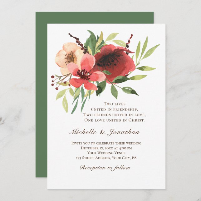 Red Pink Blush Floral Garden Christian Wedding Invitation (Front/Back)
