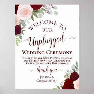 Red & Pink Boho Floral Unplugged Wedding Ceremony Poster