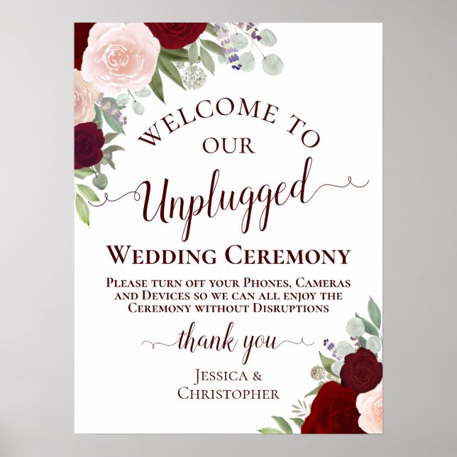 Red & Pink Boho Floral Unplugged Wedding Ceremony Poster (Front)