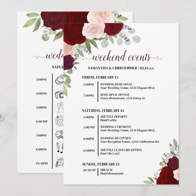 Red & Pink Boho Roses Wedding Events & Timeline Programme (Front/Back)