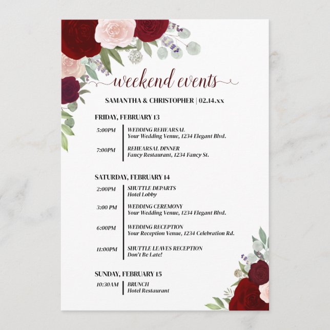 Red & Pink Boho Roses Wedding Events & Timeline Programme (Front)