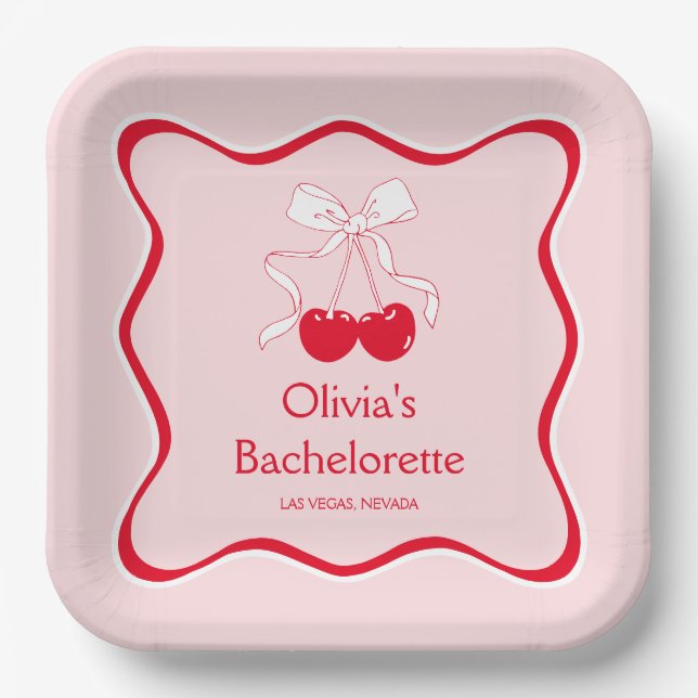 Red Pink Bow Cherrry On Top Bachelorette Paper Plate (Front)