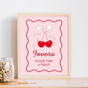 Red Pink Bow Cherry Baby Shower Favour Poster
