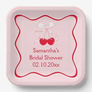 Red Pink Bow Cherry Bridal Shower Paper Plate