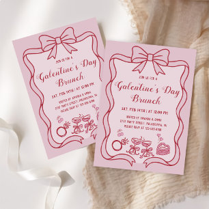Red Pink Bow Galentine's Day Brunch Party Invitation