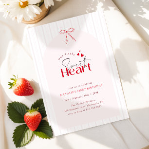 Red Pink Bow Stripe Little Sweetheart 1st Birthday Invitation