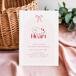 Red Pink Bow Stripe Little Sweetheart 1st Birthday Invitation