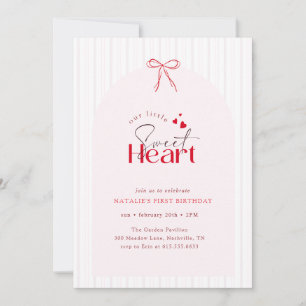 Red Pink Bow Stripe Little Sweetheart 1st Birthday Invitation