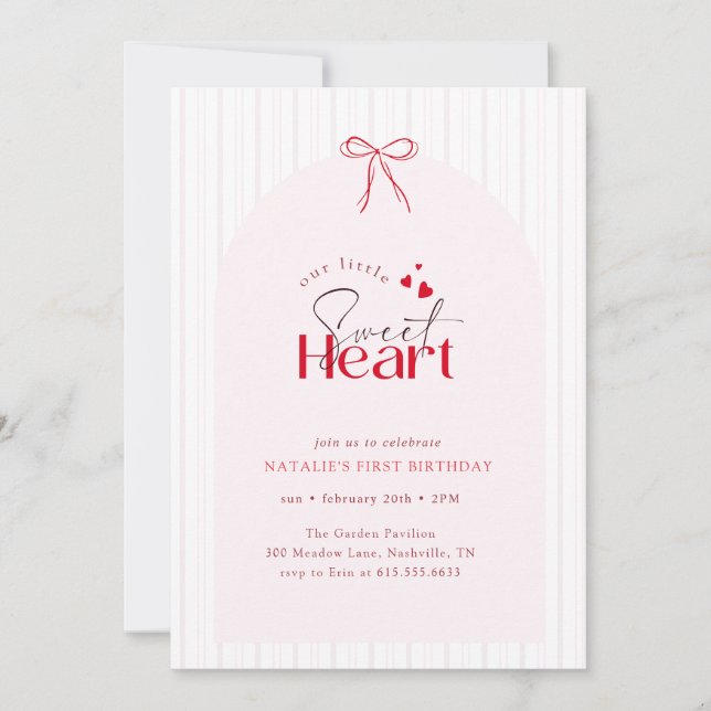 Red Pink Bow Stripe Little Sweetheart 1st Birthday Invitation (Front)