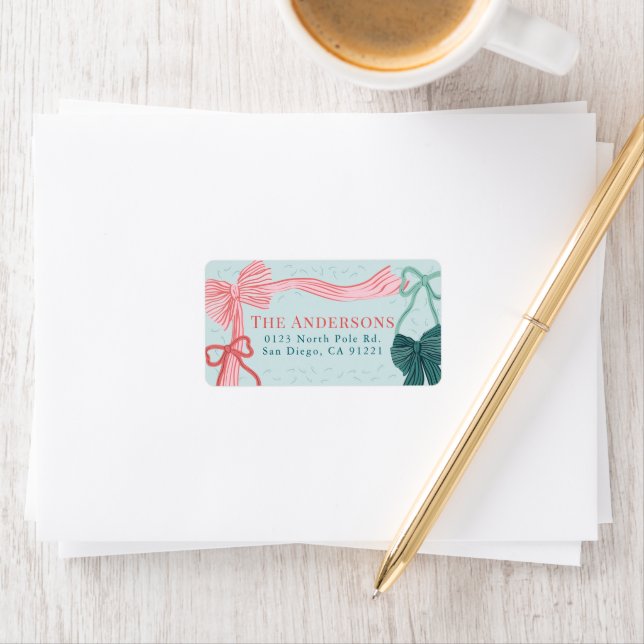 Red & Pink Bows Green Holiday Return Address Label (Insitu)