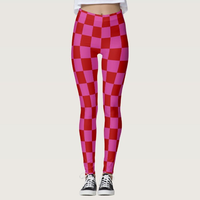 Red + Pink Check Chequered Chequerboard Pattern Leggings (Front)