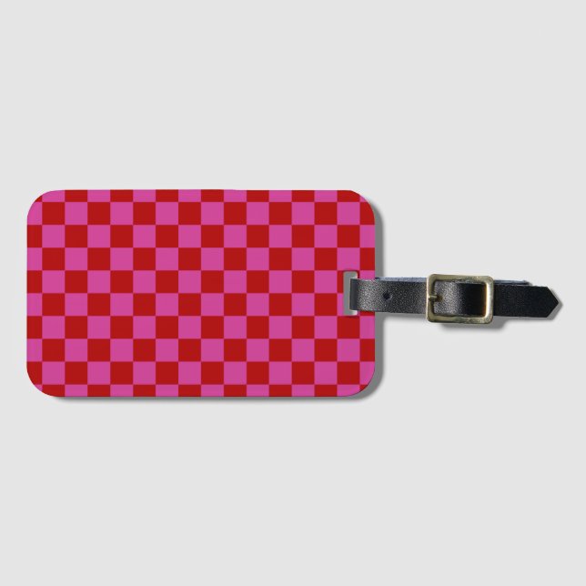 Red + Pink Check Chequered Chequerboard Pattern Luggage Tag (Front Horizontal)