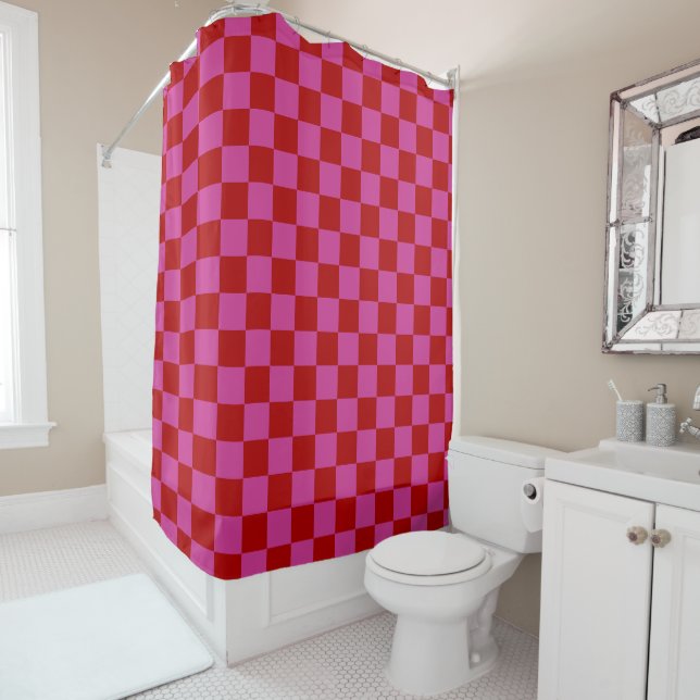 Red + Pink Check Chequered Chequerboard Pattern Shower Curtain (In Situ)