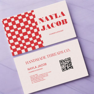 Red Pink Chequerboard Pattern QR Code Handmade Business Card