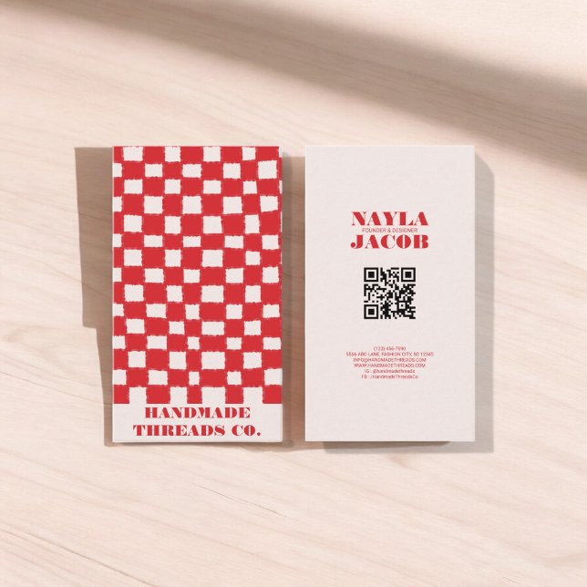 Red Pink Chequerboard Pattern QR Code Handmade Business Card (Creator Uploaded)