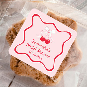 Red Pink Cherry On Top Bow Bridal Shower Favour Square Sticker