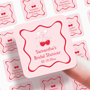 Red Pink Cherry On Top Bow Bridal Shower Favour Square Sticker
