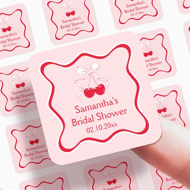 Red Pink Cherry On Top Bow Bridal Shower Favour Square Sticker (Creator Uploaded)
