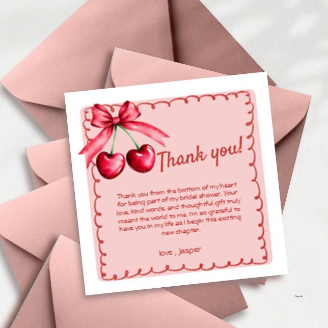 Red & Pink Cherry Wavy Border Coquette Bow Thank You Card (Creator Uploaded)
