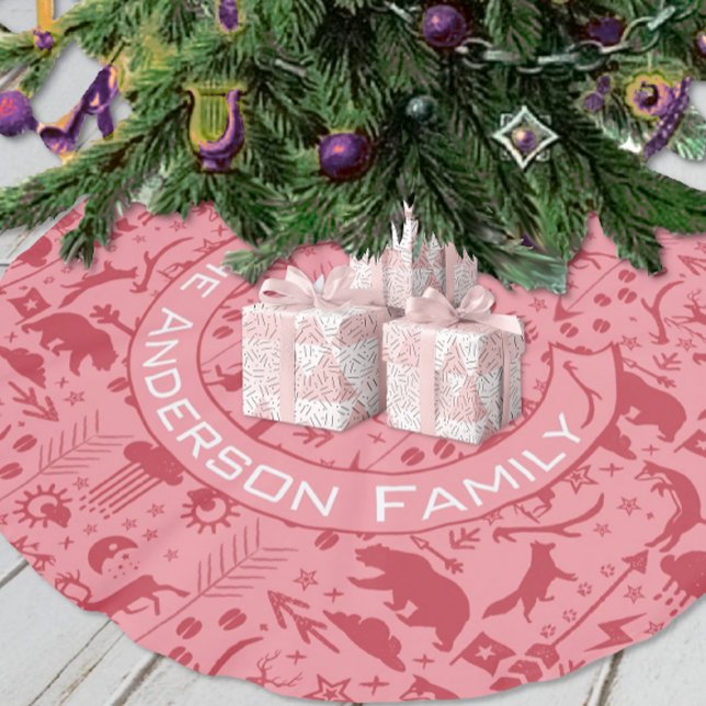 Red & Pink Christmas Family Name Fox Bear Reindeer Brushed Polyester Tree Skirt (Creator Uploaded)