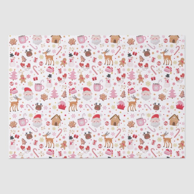 Red Pink Christmas Santa Claus Reindeer Wonderland Tissue Paper (Front)