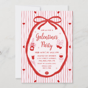 Red Pink Coquette Hand Drawn Galentine's Party  Invitation