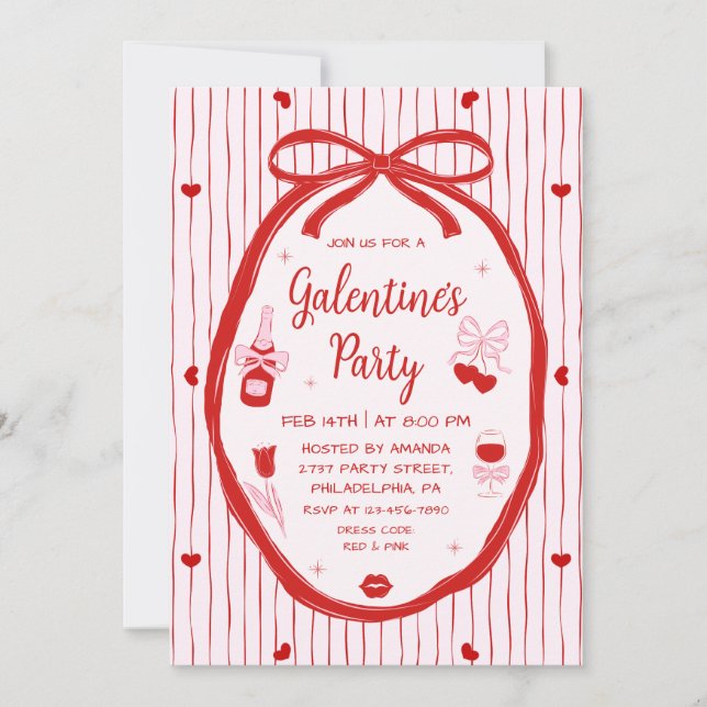 Red Pink Coquette Hand Drawn Galentine's Party  Invitation (Front)