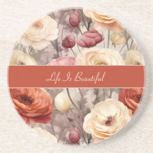 Red Pink Cream Ranunculus Flowers   Coaster