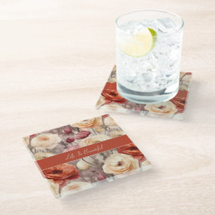 Red Pink Cream Ranunculus Flowers  Glass Coaster