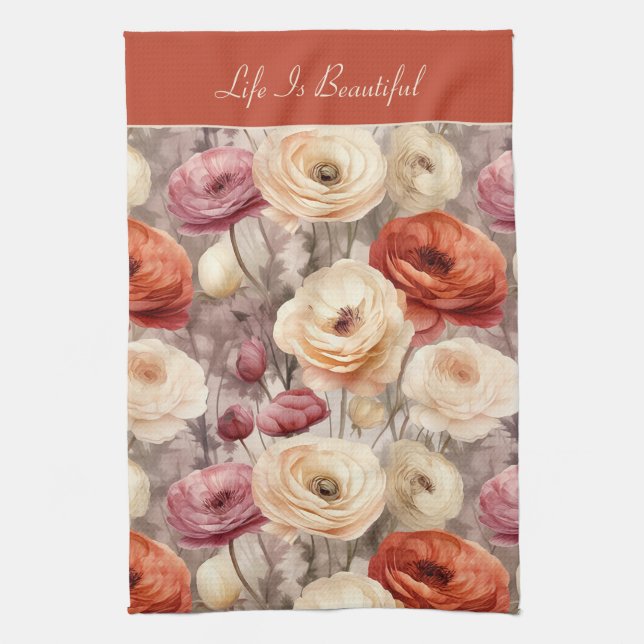 Red Pink Cream Ranunculus Flowers   Tea Towel (Vertical)