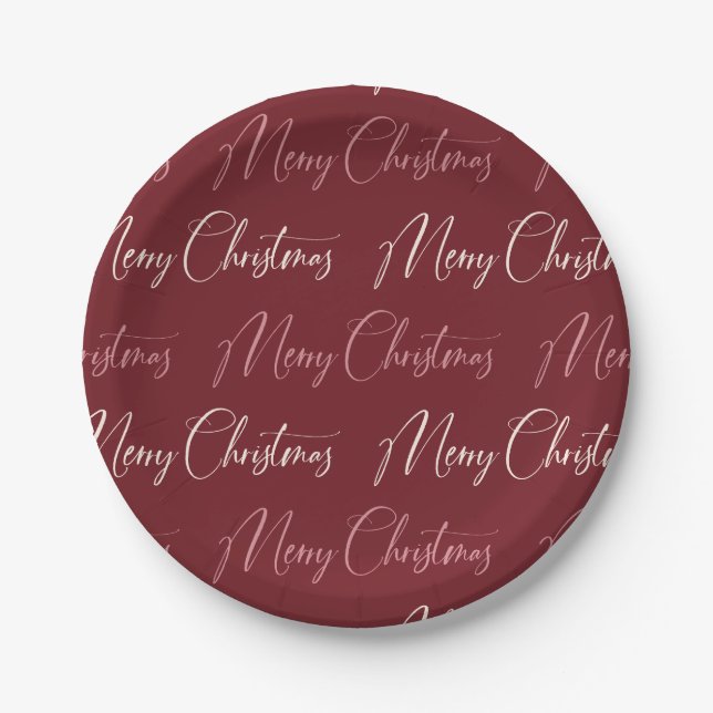 Red Pink Cream Script Pattern Merry Christmas  Paper Plate (Front)