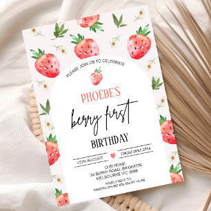 Red Pink Daisy Strawberry Berry First Birthday Invitation