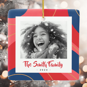 Red pink dark blue retro Christmas photo Ceramic Ornament