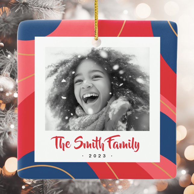 Red pink dark blue retro Christmas photo Ceramic Ornament (Red pink dark blue retro Christmas photo Ceramic Ornament)