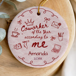 Red pink doodle hand drawn funny coworker quote ceramic tree decoration