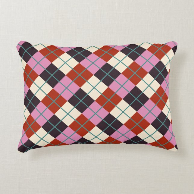 Red Pink Eggplant Ivory Teal Retro Plaid Decorative Cushion (Front)