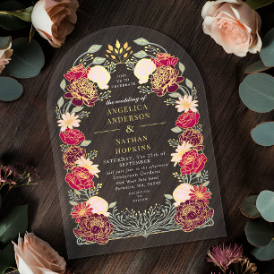 Red Pink Enchanted Floral Garden Wedding Arch Acrylic Invitations