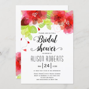 Red, pink ethereal flowers wedding bridal shower invitation