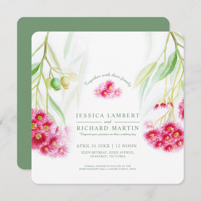 Red pink eucalyptus gumnut watercolor wedding invitation (Front/Back)