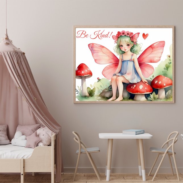 Red Pink Fairy with Mushrooms Be Kind Quote  Poster (Creator Uploaded)