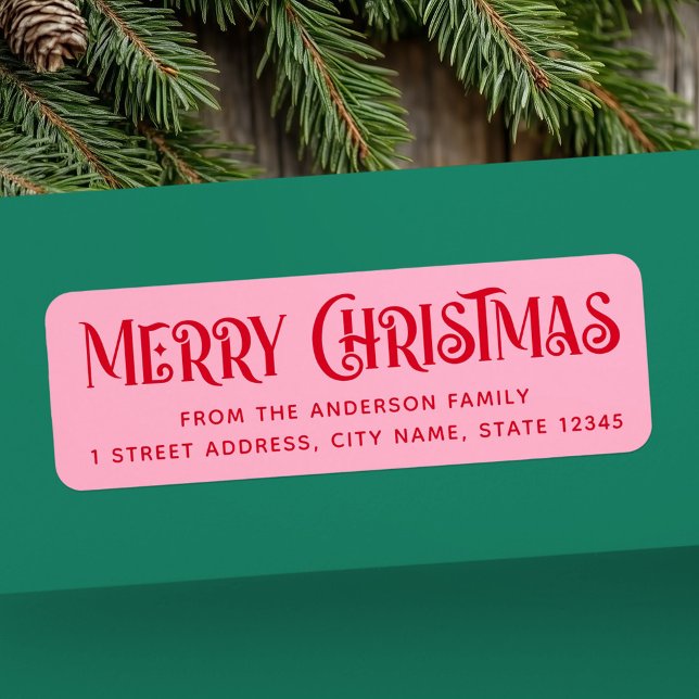 Red & pink festive Merry Christmas return address (Red & pink festive Merry Christmas return address Label)