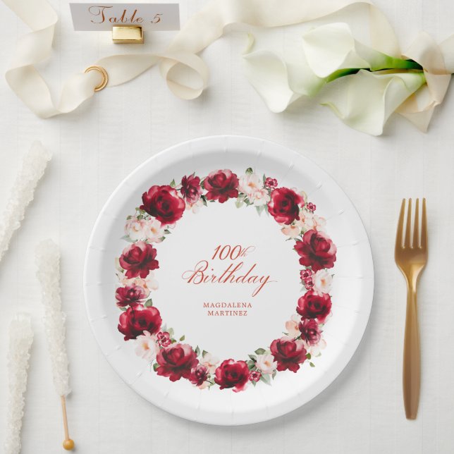 Red Pink Floral 100th Birthday Party Personalised Paper Plate (Wedding)