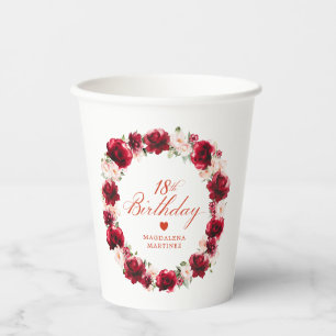 Red Pink Floral 18th Birthday Personalised Paper Cups