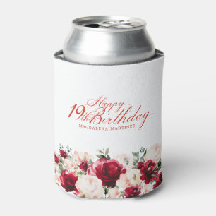 Red Pink Floral 19th Birthday Personalised Can Cooler