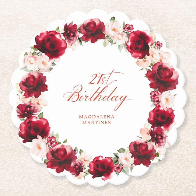 Red Pink Floral 21st Birthday Party Personalised Paper Coaster (Front)