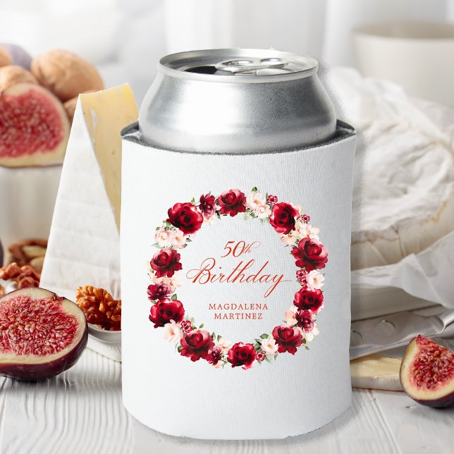 Red Pink Floral 50th Birthday Personalised Can Cooler (Creator Uploaded)