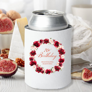Red Pink Floral 70th Birthday Personalised Can Cooler