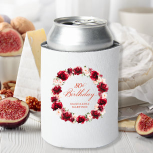 Red Pink Floral 80th Birthday Personalised Can Cooler