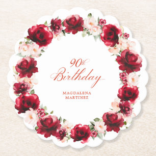 Red Pink Floral 90th Birthday Party Personalised Paper Coaster